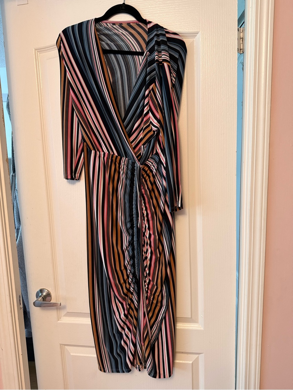 Striped Wrap-Style Midi Dress in Black, Pink & Brown
